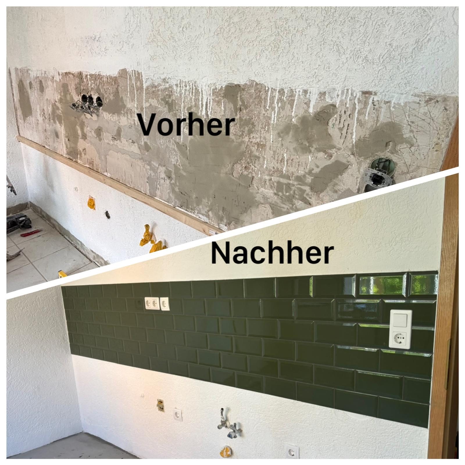 Vorher-Nachher-Vergleich einer erneuerten Küchenwand mit Fliesenfläche