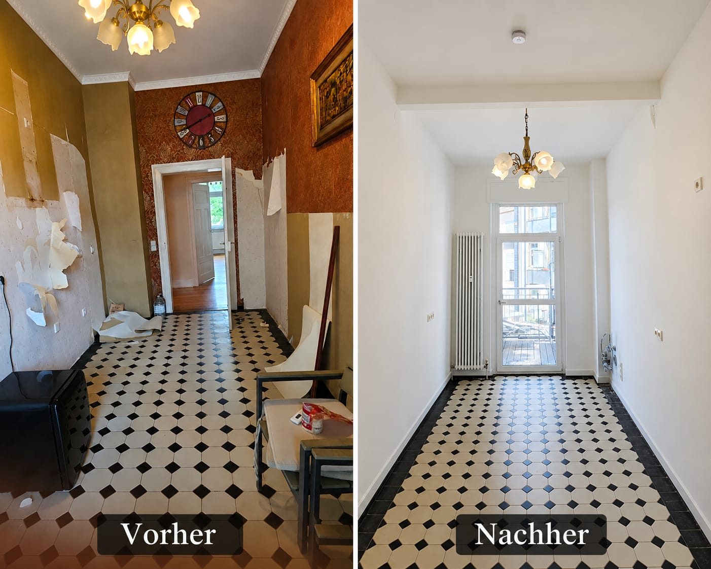 Vorher-Nachher-Ansicht eines renovierten Flurs