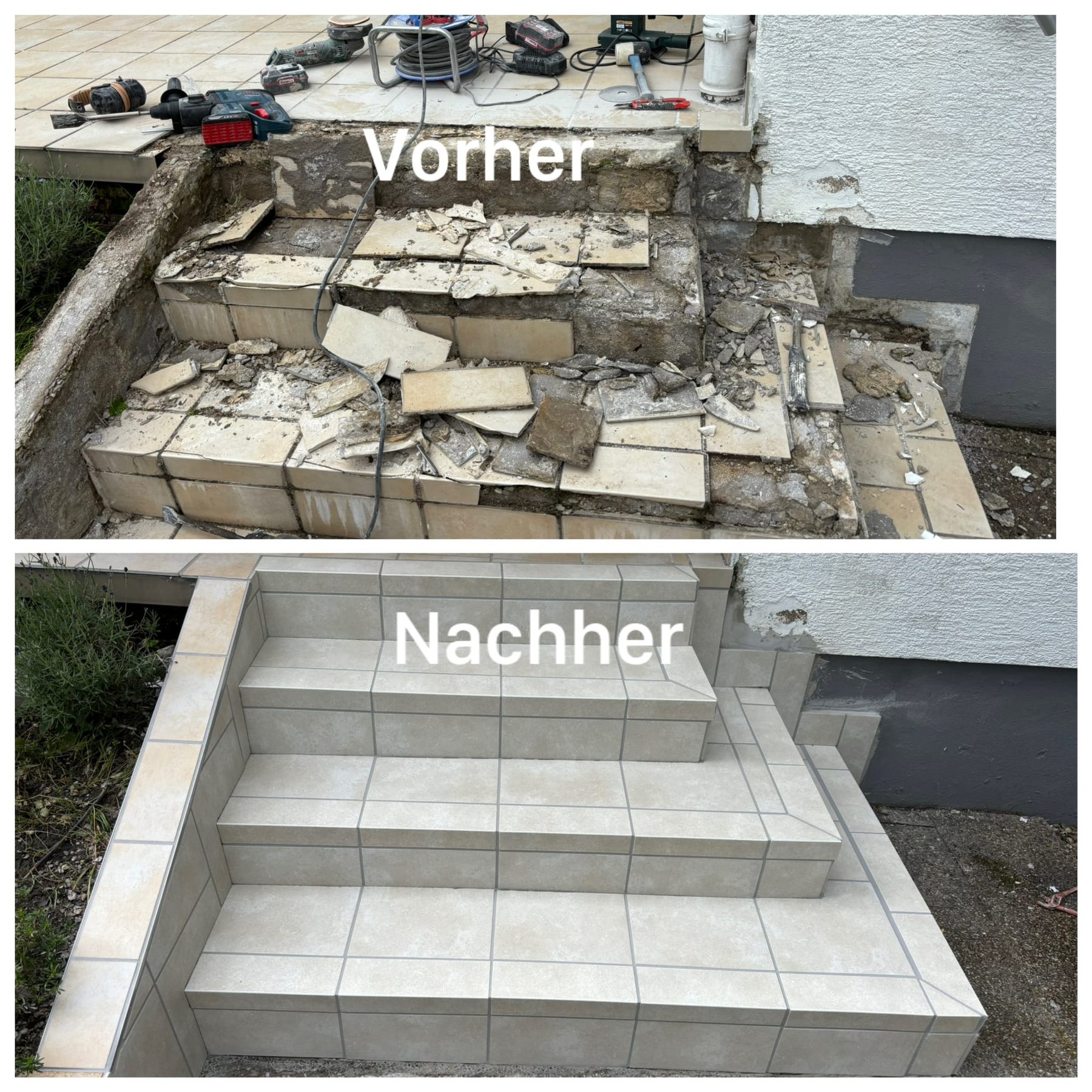 Vorher-Nachher-Ansicht einer neu gefliesten Außentreppe